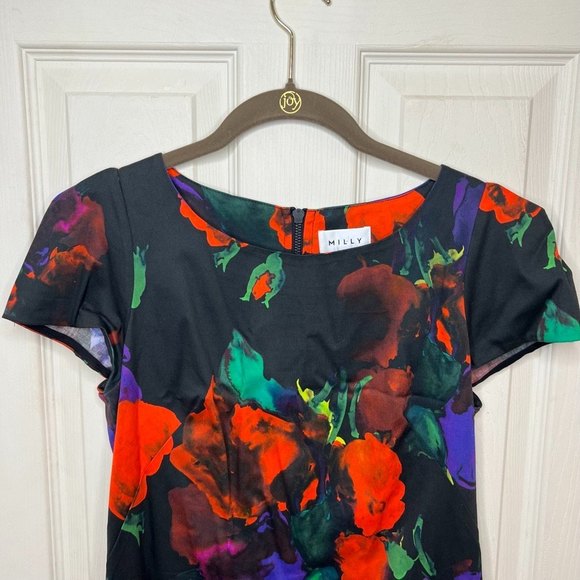 Milly Floral Abstract Colorful Black Mini Dress Size 4 - Picture 2 of 12
